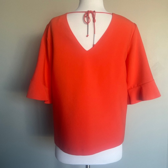 Suncoo Paris Coral Orange Open Back Cocktail Flounce Sleeve Top Blouse T-shirt - Picture 4 of 8
